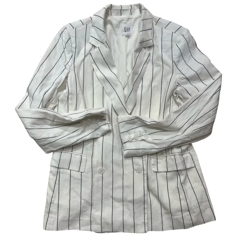 Gap Classic Girlfriend Linen Blazer Navy White Sz 8 Relaxed Fit Versatile Lined